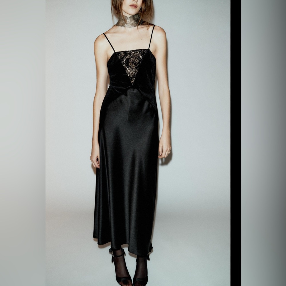Zara Black Satin Midi Slip Dress with Lace Inset